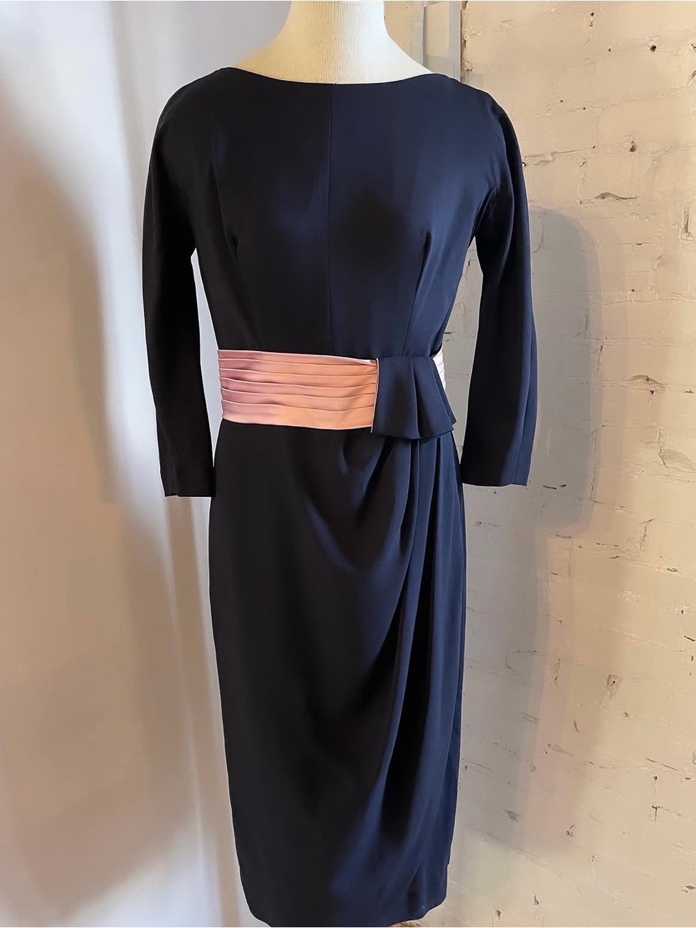 1960s Navy Drew with Draped Waistline and Rose Sash